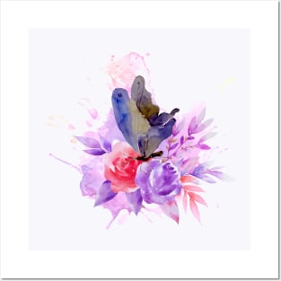 Watercolor butterfly on the flowers Posters and Art